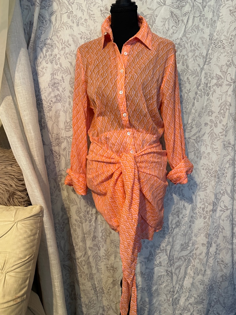 Free People Orange Printed Long-Sleeve Tie-Front Shirt Dress